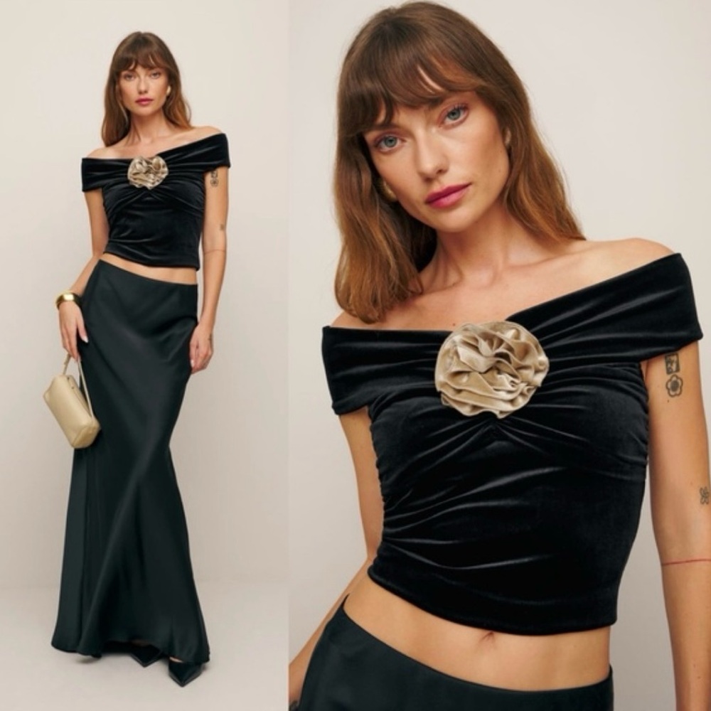 NWT Reformation Emerald Knit Top in Black Champagne Velvet Size Small